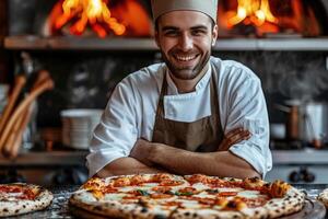 ai gerado retrato do feliz italiano masculino chefe de cozinha cozinhando pizza. ai gerado foto