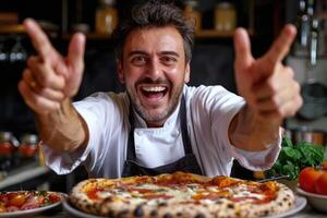 ai gerado retrato do feliz italiano masculino chefe de cozinha cozinhando pizza. ai gerado foto