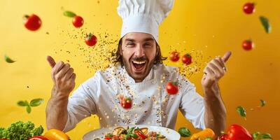 ai gerado retrato do feliz italiano masculino chefe de cozinha cozinhando massa. ai gerado foto