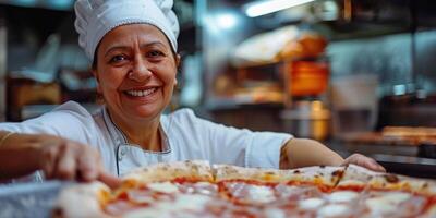 ai gerado retrato do feliz italiano fêmea chefe de cozinha cozinhando pizza. ai gerado foto