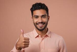 ai gerado sorridente homem dando solteiro polegares acima foto