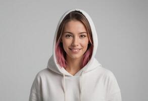 ai gerado sorridente mulher dentro moletom com capuz com Rosa ombre cabelo foto