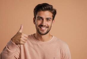 ai gerado jovem homem dentro uma casual tee dando uma polegares acima, dele restolho e caloroso sorrir sugerindo relaxado confiança. foto