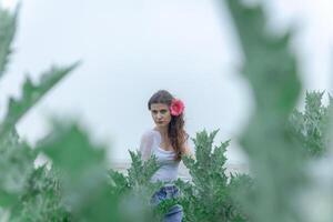 bonita jovem menina dentro a natureza, menina dentro a parque foto