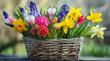 ai gerado uma fechar acima tiro do colorida Primavera flores arranjado dentro uma cesta simbolizando a beleza do a estação foto