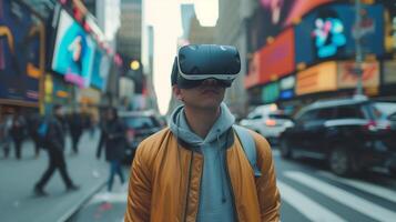 ai gerado jovem homem usando vr virtual realidade óculos enquanto caminhando dentro cidade rua, estilo de vida e tecnologia conceito foto