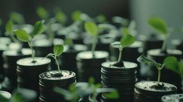 ai gerado brotos crescendo em moeda pilhas looping verde o negócio crescimento reciclando renovável energia de Meio Ambiente consciência conceito foto