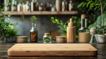 ai gerado uma em branco bambu de mesa com borrado eco amigáveis produtos e sustentável Itens dentro a fundo perfeito para promovendo ambientalmente consciente produtos foto