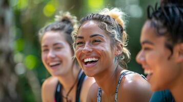 ai gerado uma grupo do amigos rindo juntos durante uma ginástica bota acampamento foto