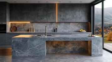 ai gerado massa cabeça dentro uma moderno cozinha com pedra Banco interior Projeto foto