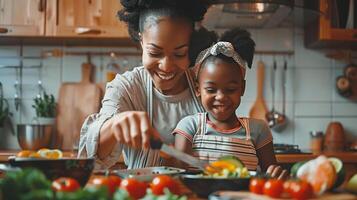 ai gerado uma mãe e filha cozinhando uma nutritivo refeição juntos dentro a cozinha, família Tempo foto