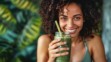 ai gerado uma mulher desfrutando uma saudável batido depois de uma exercite-se foto