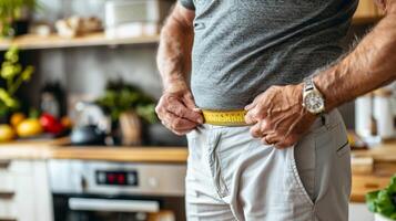 ai gerado uma homem medindo dele cintura Como parte do uma peso gestão programa foto