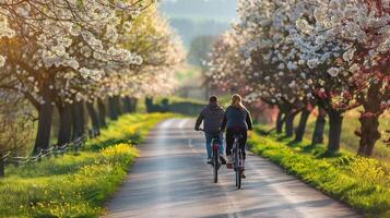 ai gerado uma casal equitação bicicletas juntos ao longo uma cênico campo estrada forrado com florescendo árvores foto