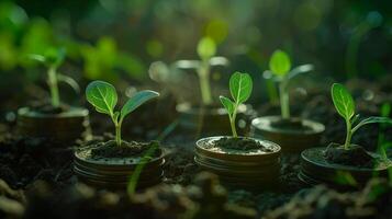 ai gerado brotos crescendo em moeda pilhas looping verde o negócio crescimento reciclando renovável energia de Meio Ambiente consciência conceito foto