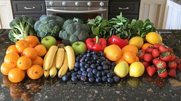 ai gerado uma colorida sortimento do fresco frutas e legumes em uma cozinha contador foto