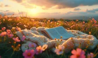 ai gerado cobertor mentiras entre a flores, a aberto Diário mentiras em a cobertor e nascer do sol foto