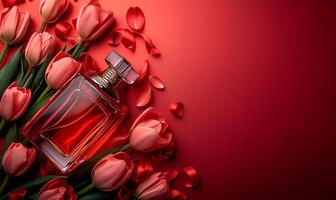 ai gerado garrafa do perfume e tulipas em Rosa fundo, Primavera plano deitar foto