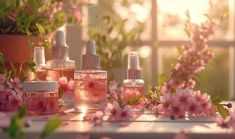 ai gerado Cosmético garrafas com Rosa flores em de madeira mesa ao ar livre. beleza tratamento foto
