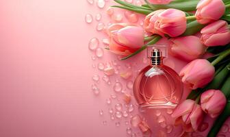 ai gerado garrafa do perfume e tulipas em Rosa fundo, Primavera plano deitar foto