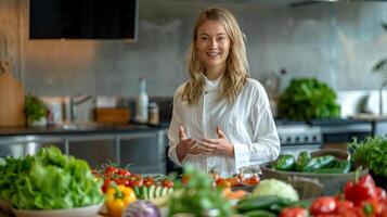 ai gerado uma nutricionista dando uma apresentação em saudável comendo hábitos foto