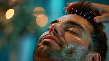 ai gerado uma homem recebendo acupuntura terapia face e massagem dentro clínica spa foto