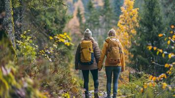 ai gerado uma casal caminhada através uma cênico floresta trilha foto