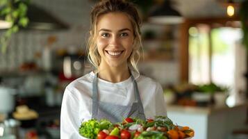 ai gerado uma sorridente nutricionista segurando uma prato do saudável Comida foto