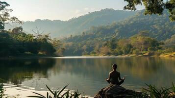 ai gerado natureza retiro capturar a Individual meditando dentro uma sereno natural configuração tal Como uma exuberante floresta tranquilo lago ou isolado montanha pico cercado de a beleza do natureza foto