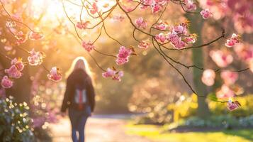 ai gerado uma mulher desfrutando uma vagaroso andar dentro uma parque admirando a Primavera floresce e encharcado acima a brilho do sol foto