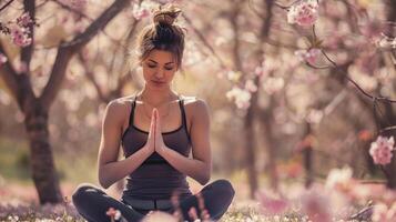 ai gerado uma jovem mulher praticando ioga dentro uma pacífico ao ar livre configuração com cereja flores dentro cheio flor foto