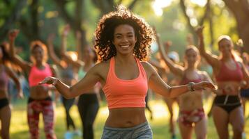 ai gerado uma ginástica instrutor conduzindo uma grupo exercício classe dentro uma parque foto