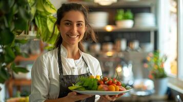 ai gerado uma sorridente nutricionista segurando uma prato do saudável Comida foto