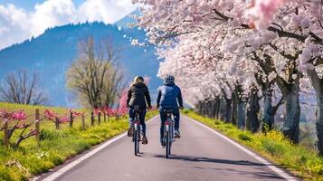 ai gerado uma casal equitação bicicletas juntos ao longo uma cênico campo estrada forrado com florescendo árvores foto