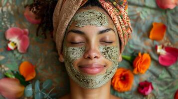 ai gerado uma mulher recebendo uma relaxante facial tratamento às uma spa foto