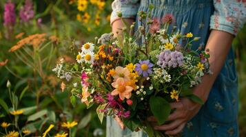 ai gerado uma par do mãos segurando uma recentemente escolhido ramalhete do flores silvestres contra uma pano de fundo do exuberante Primavera folhagem foto