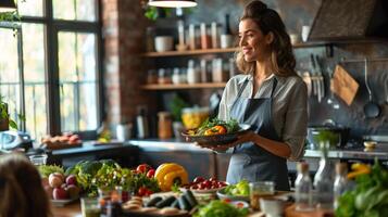 ai gerado uma nutricionista dando uma apresentação em saudável comendo hábitos foto