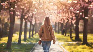 ai gerado uma mulher desfrutando uma vagaroso andar dentro uma parque admirando a Primavera floresce e encharcado acima a brilho do sol foto