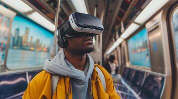 ai gerado jovem homem usando vr virtual realidade óculos enquanto levando metro metrô dentro a cidade, estilo de vida e tecnologia conceito foto