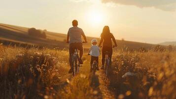 ai gerado uma feliz família desfrutando uma bicicleta passeio juntos dentro a campo foto