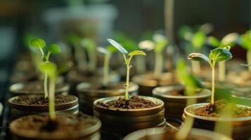 ai gerado brotos crescendo em moeda pilhas looping verde o negócio crescimento reciclando renovável energia de Meio Ambiente consciência conceito foto