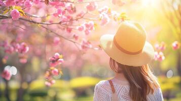 ai gerado uma mulher desfrutando uma vagaroso andar dentro uma parque admirando a Primavera floresce e encharcado acima a brilho do sol foto