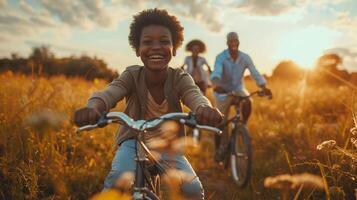 ai gerado uma feliz família desfrutando uma bicicleta passeio juntos dentro a campo foto