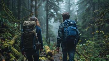 ai gerado uma casal caminhada através uma cênico floresta trilha foto