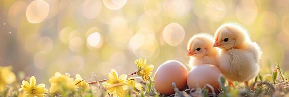 ai gerado galinhas entre ovos em a iluminado pelo sol Relva em uma Fazenda. foto