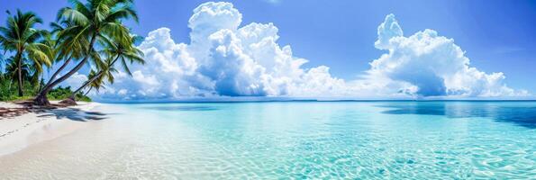 ai gerado panorâmico Visão do uma quieto tropical de praia com Palma árvores, branco areia e cumulus nuvens sobre turquesa água.viagem agência anúncio, recorrer anúncio, relaxamento e bem estar foto