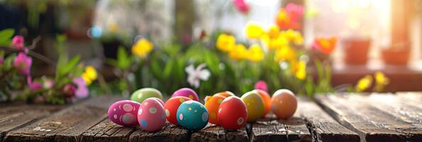 ai gerado colorida pintado à mão Páscoa ovos em de madeira superfície com Primavera flores dentro fundo. foto