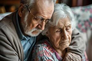 ai gerado a idosos casal encontra conforto dentro cada de outros Como elas compartilhar uma quieto e íntimo momento do conexão. foto