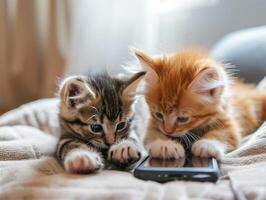 ai gerado dois curioso gatinhos pata às uma Smartphone. foto