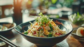 ai gerado salgado ásia macarrão salada dentro cerâmico tigela foto